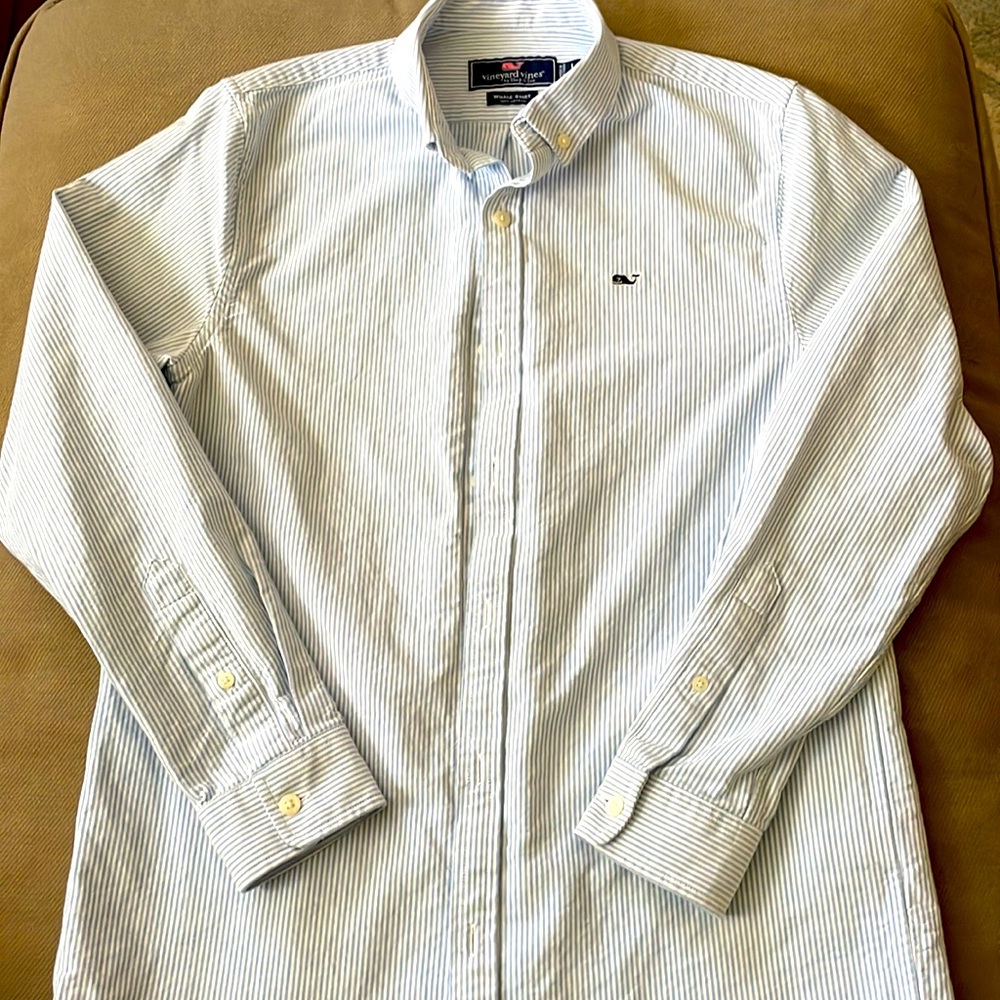 Vineyard Vines boys L (16) blue striped classic oxford button down